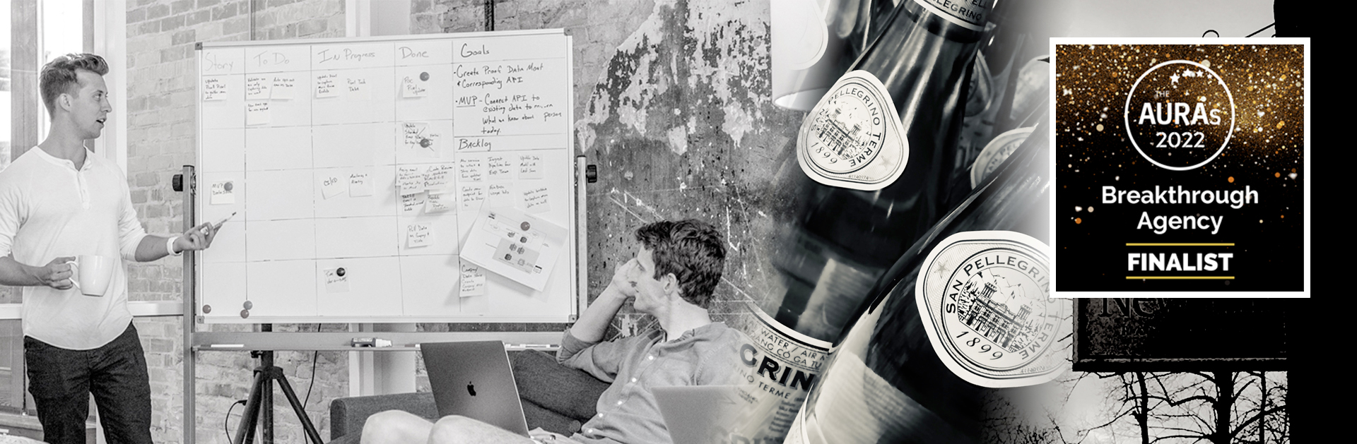 Photo montage image of mineral water, men talking next to white board and pub sign